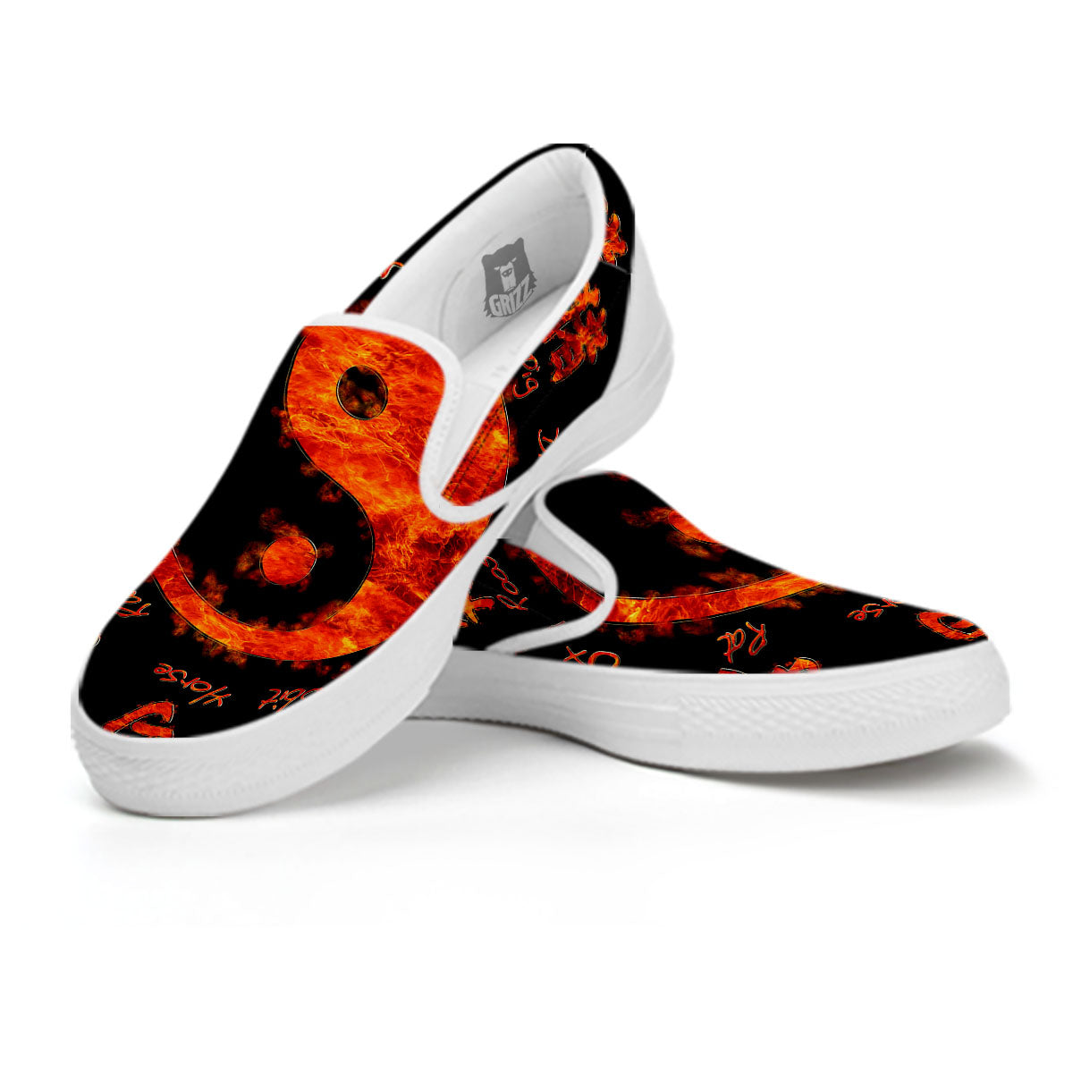 Chinese Zodiac Fire Yin Yang Print White Slip On Shoes-grizzshop