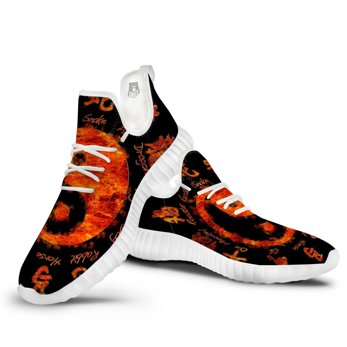 Chinese Zodiac Fire Yin Yang Print White Walking Shoes-grizzshop