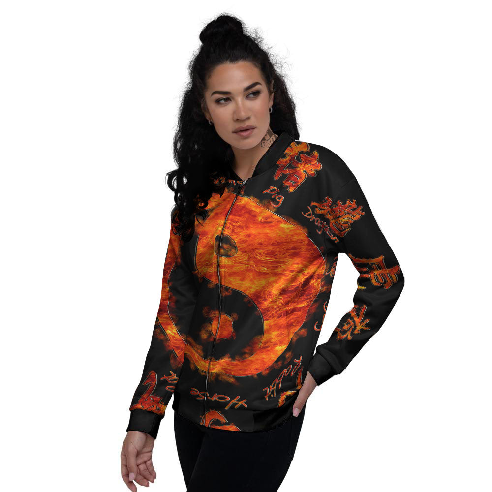 Chinese Zodiac Fire Yin Yang Print Women's Bomber Jacket-grizzshop