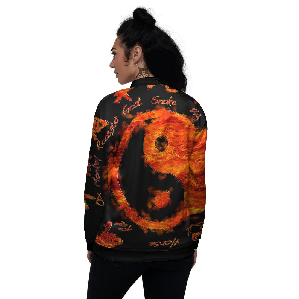Chinese Zodiac Fire Yin Yang Print Women's Bomber Jacket-grizzshop