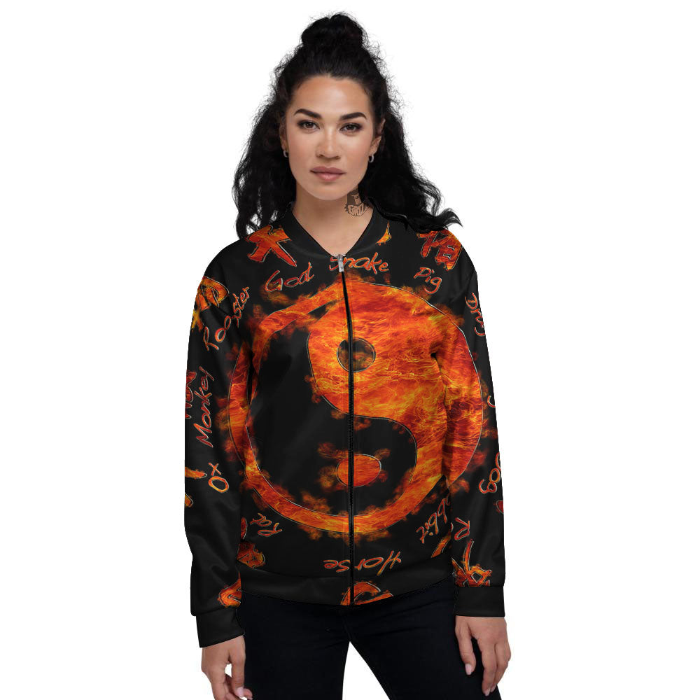 Chinese Zodiac Fire Yin Yang Print Women's Bomber Jacket-grizzshop