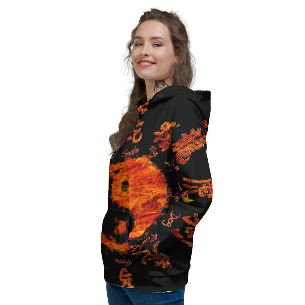 Chinese Zodiac Fire Yin Yang Print Women's Hoodie-grizzshop