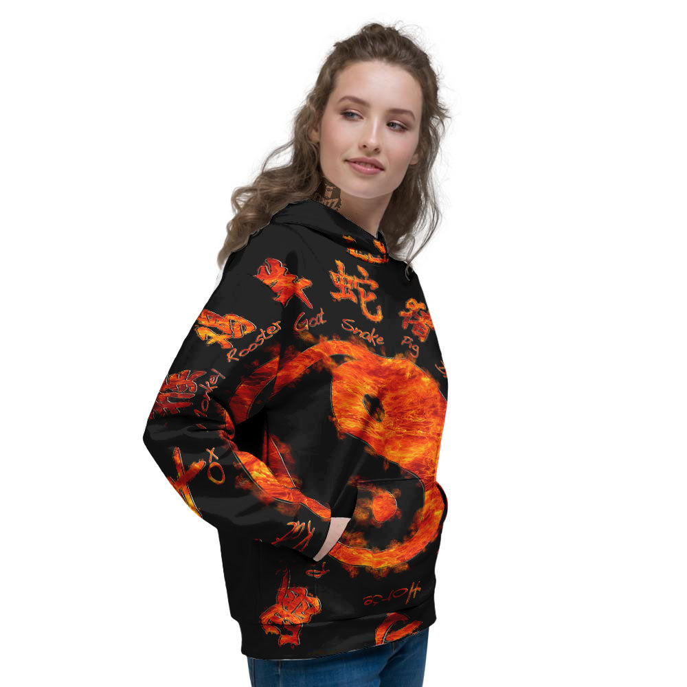 Chinese Zodiac Fire Yin Yang Print Women's Hoodie-grizzshop