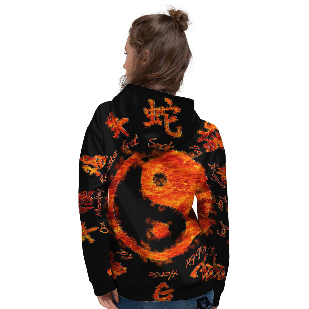 Chinese Zodiac Fire Yin Yang Print Women's Hoodie-grizzshop