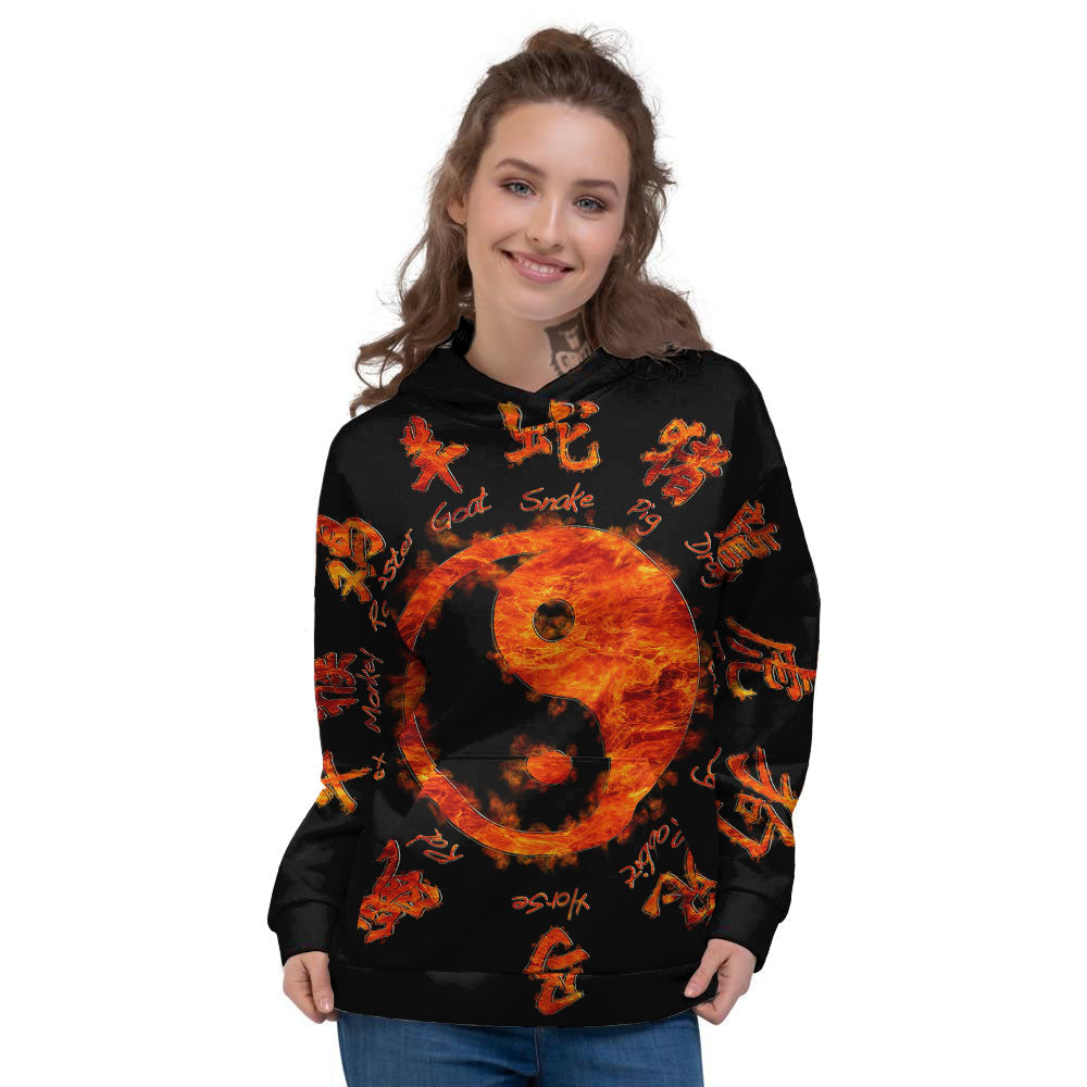 Chinese Zodiac Fire Yin Yang Print Women's Hoodie-grizzshop