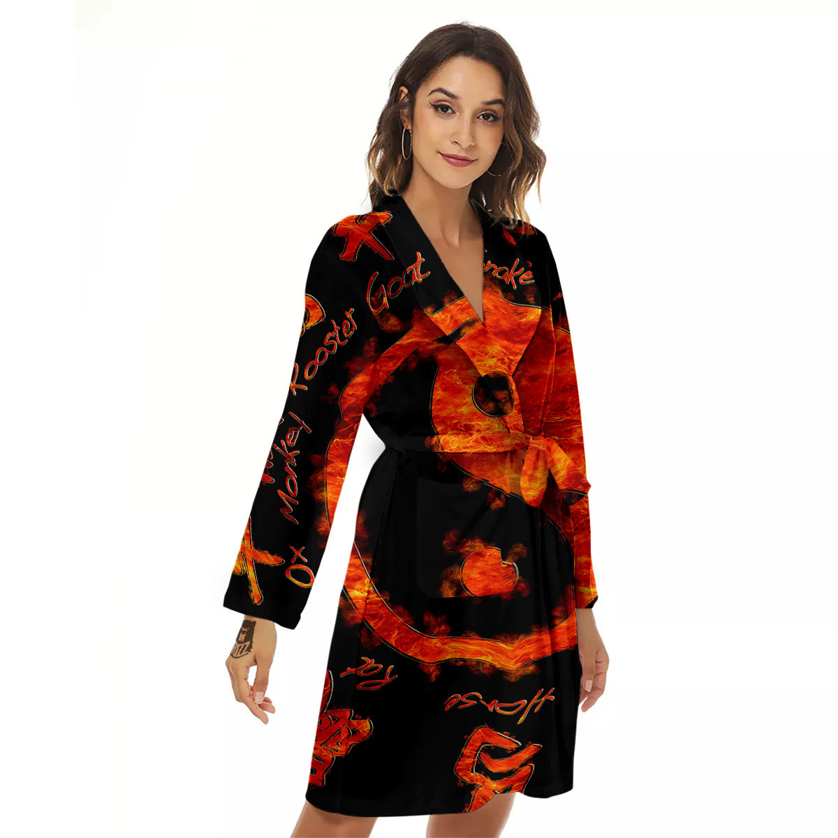 Chinese Zodiac Fire Yin Yang Print Women's Robe-grizzshop