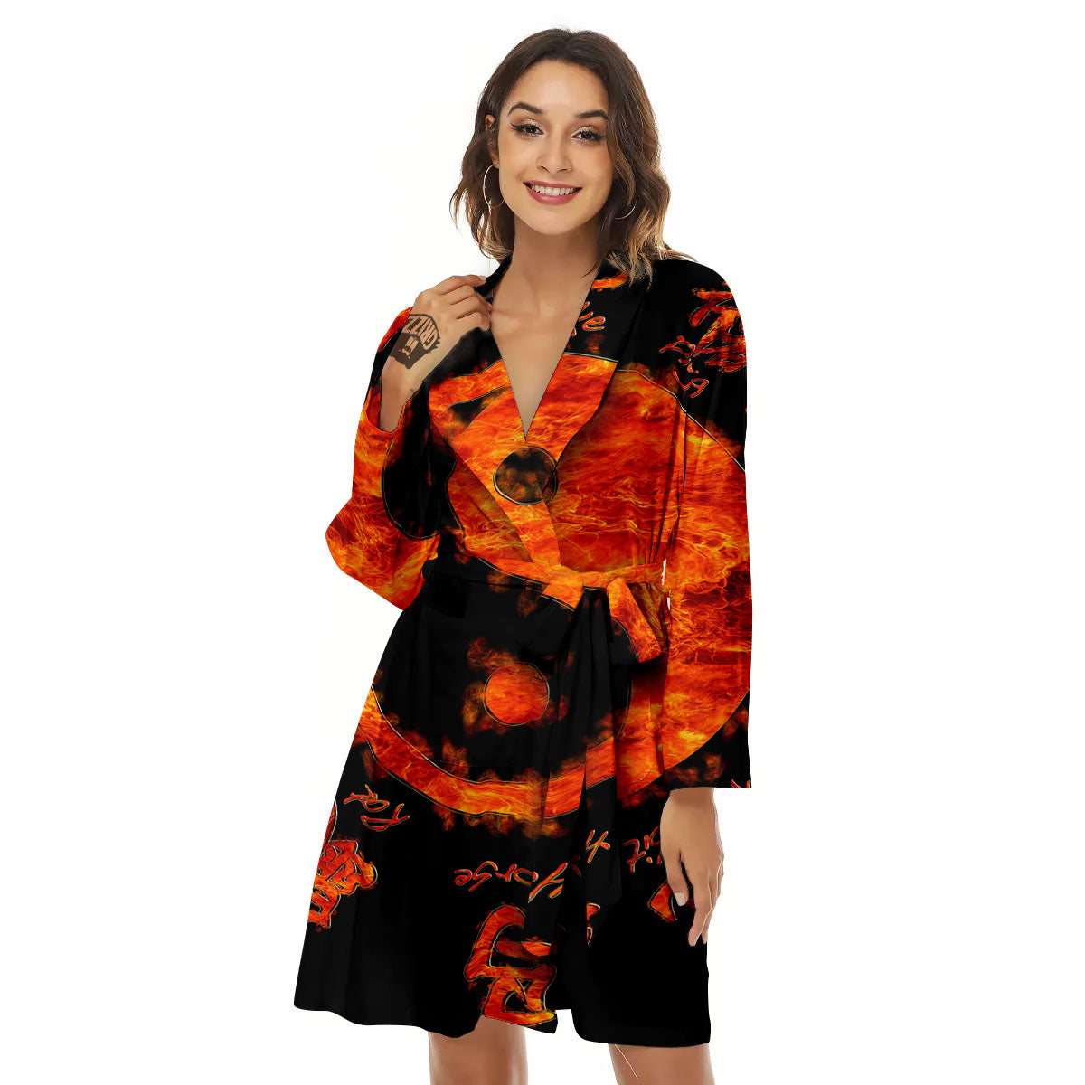 Chinese Zodiac Fire Yin Yang Print Women's Robe-grizzshop