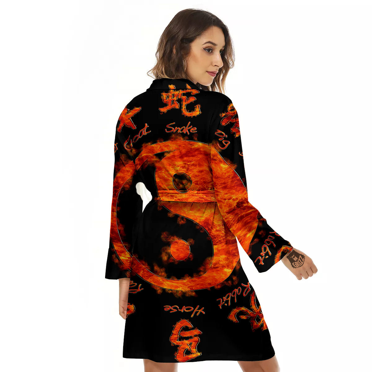 Chinese Zodiac Fire Yin Yang Print Women's Robe-grizzshop