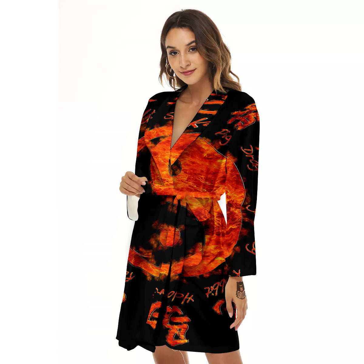 Chinese Zodiac Fire Yin Yang Print Women's Robe-grizzshop