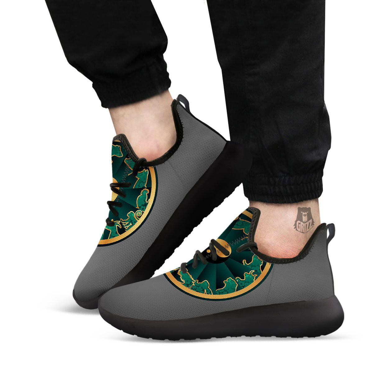 Chinese Zodiac Gold And Green Print Black Athletic Shoes-grizzshop