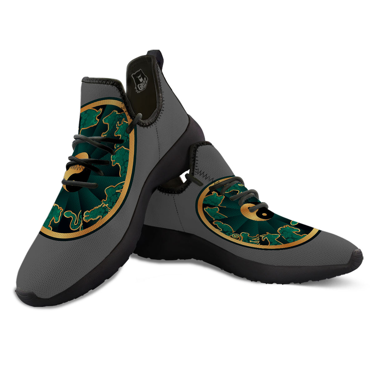 Chinese Zodiac Gold And Green Print Black Athletic Shoes-grizzshop