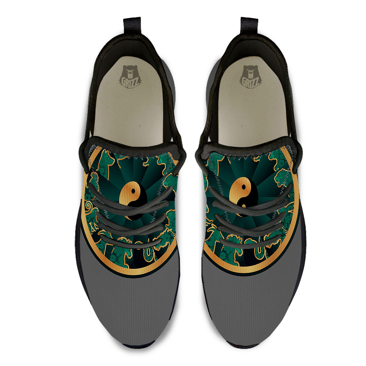 Chinese Zodiac Gold And Green Print Black Athletic Shoes-grizzshop