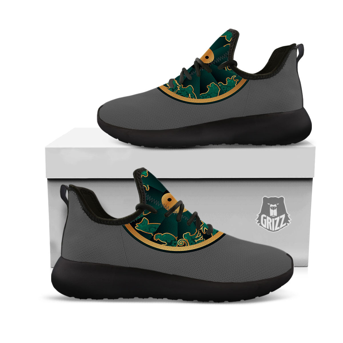 Chinese Zodiac Gold And Green Print Black Athletic Shoes-grizzshop