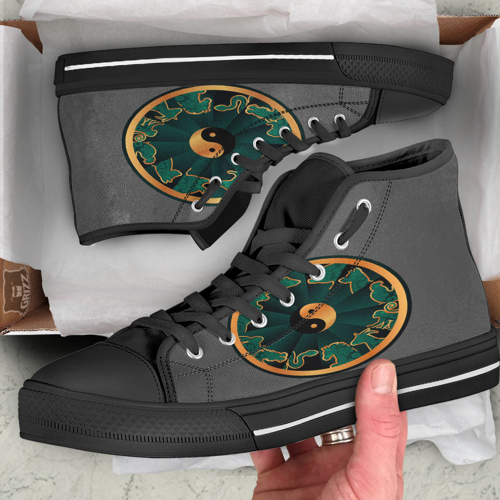 Chinese Zodiac Gold And Green Print Black High Top Shoes-grizzshop