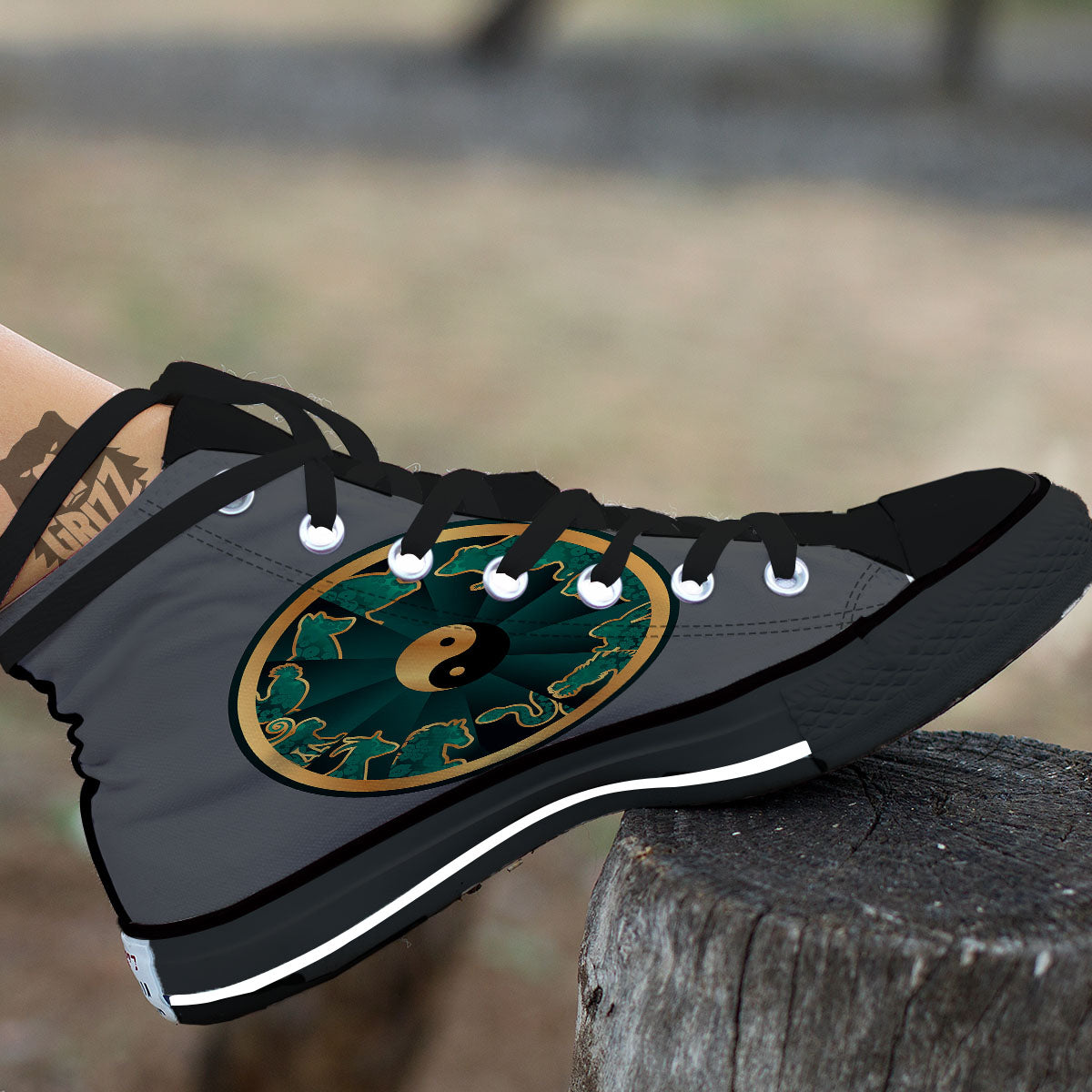 Chinese Zodiac Gold And Green Print Black High Top Shoes-grizzshop