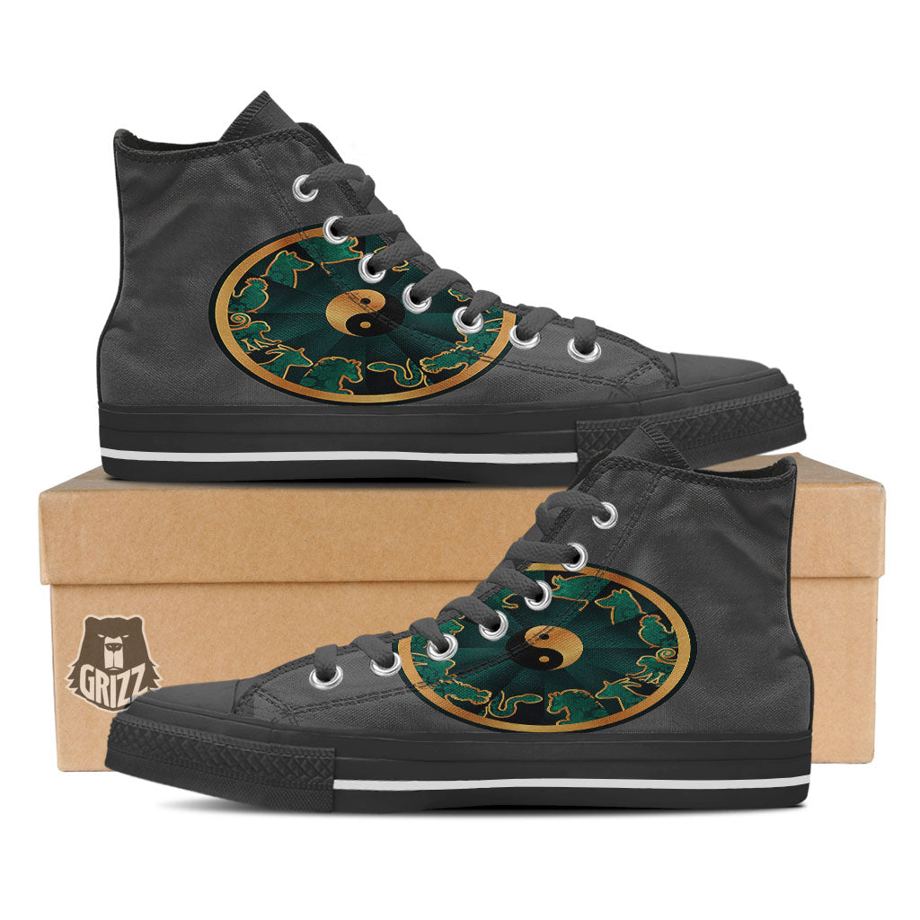 Chinese Zodiac Gold And Green Print Black High Top Shoes-grizzshop