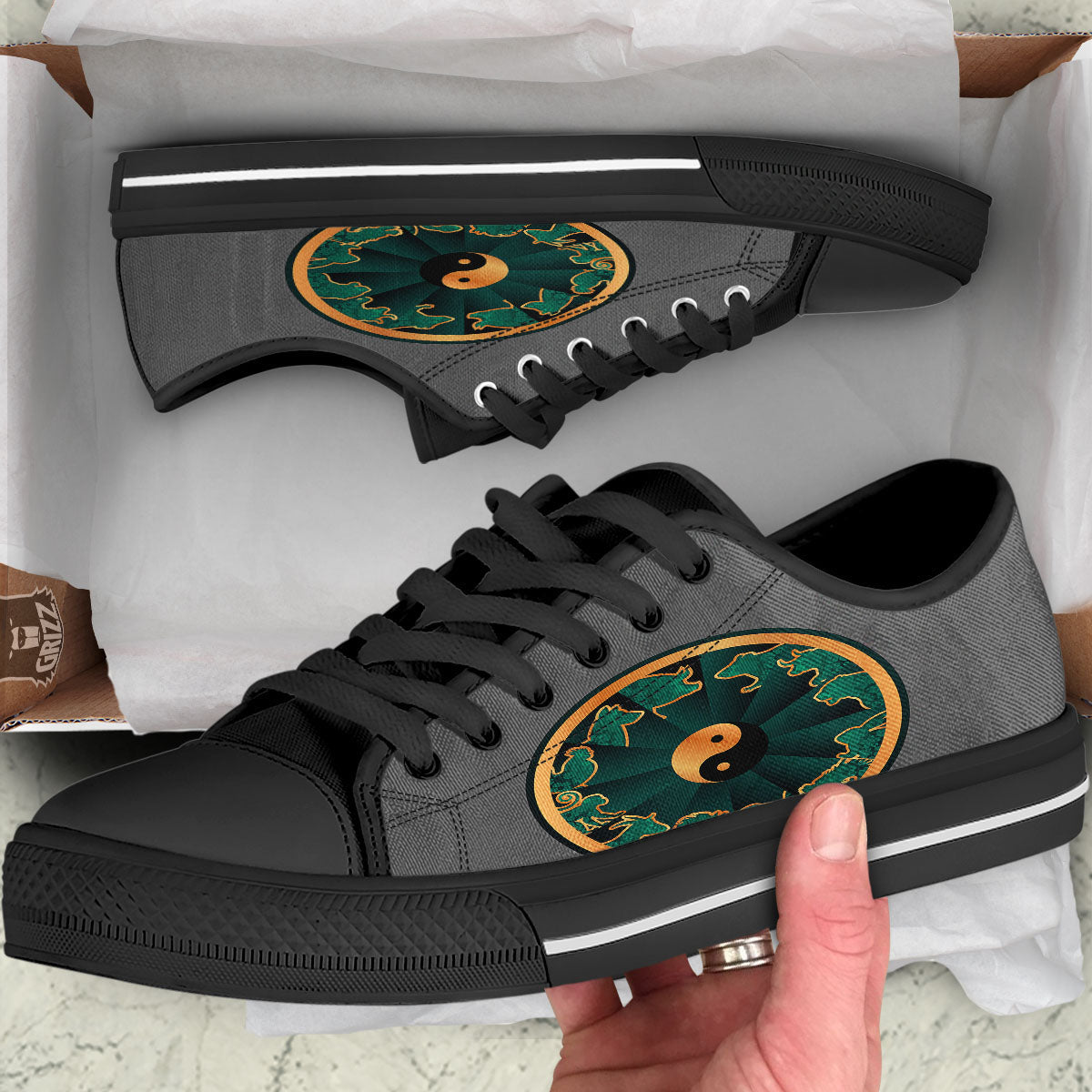 Chinese Zodiac Gold And Green Print Black Low Top Shoes-grizzshop