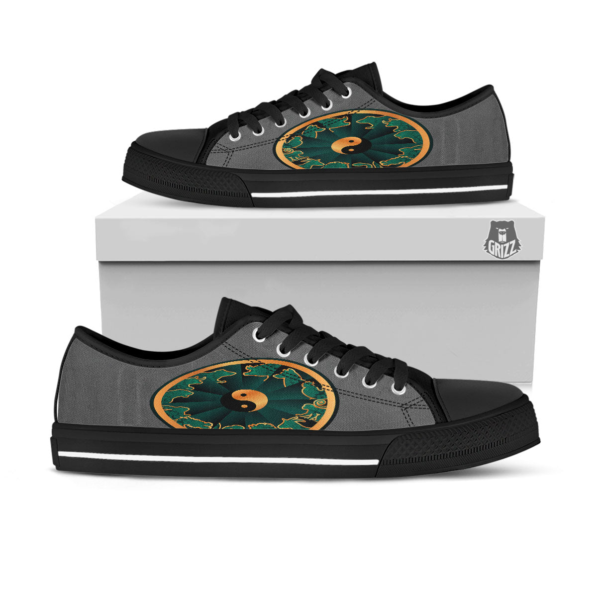 Chinese Zodiac Gold And Green Print Black Low Top Shoes-grizzshop