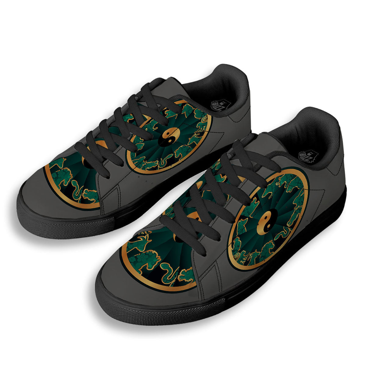 Chinese Zodiac Gold And Green Print Black Low Top Sneakers-grizzshop