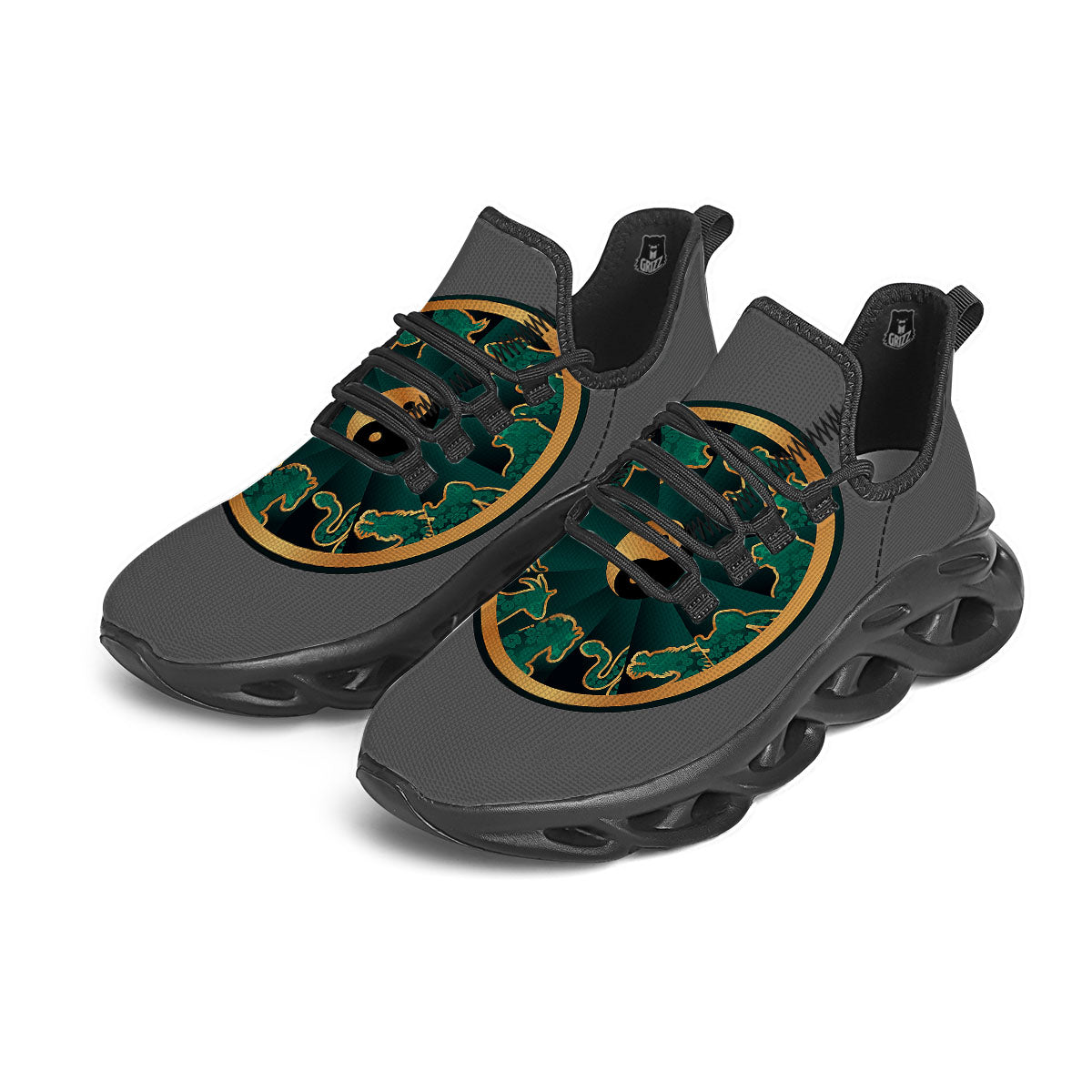 Chinese Zodiac Gold And Green Print Black Running Shoes-grizzshop