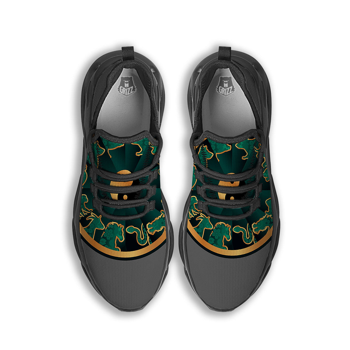 Chinese Zodiac Gold And Green Print Black Running Shoes-grizzshop