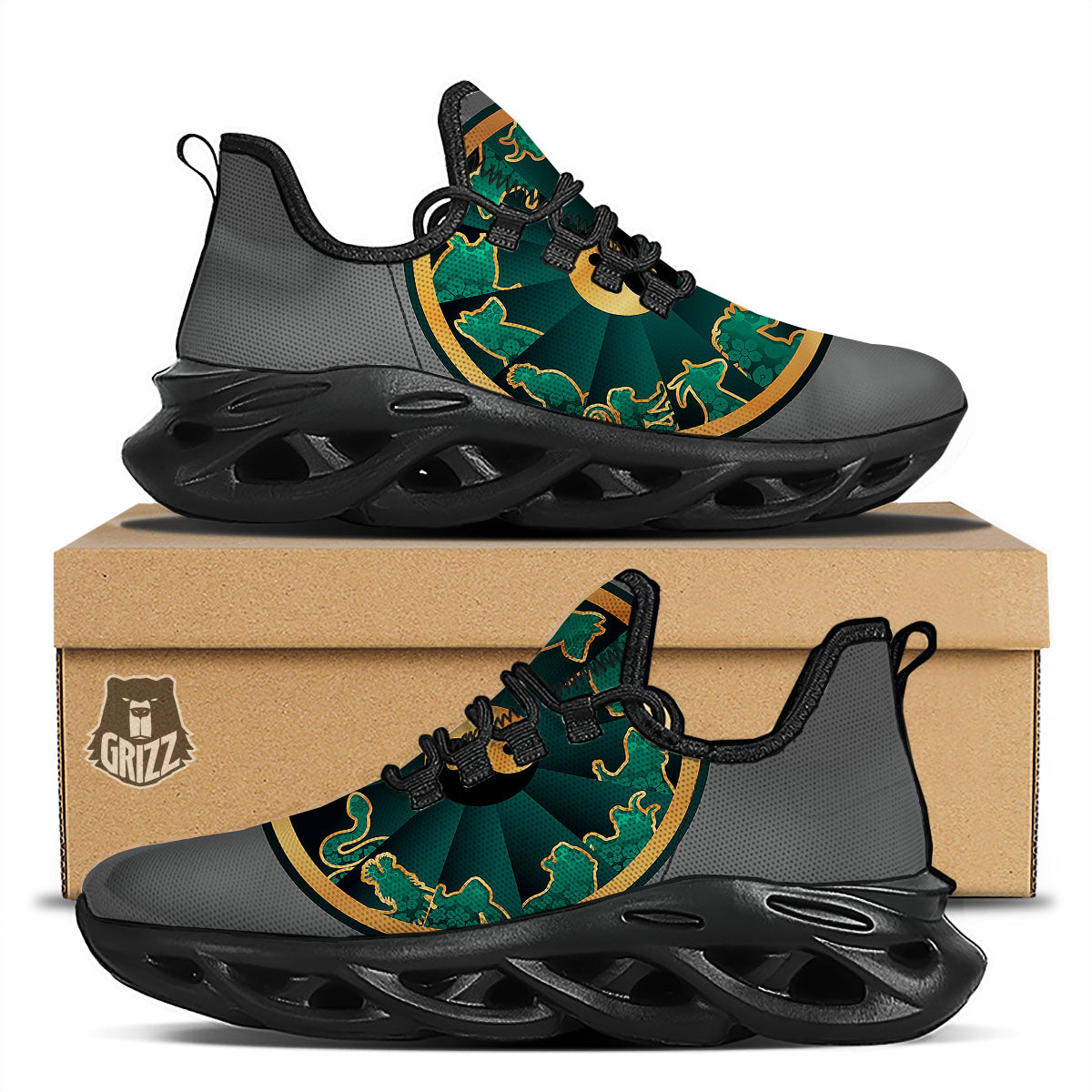 Chinese Zodiac Gold And Green Print Black Running Shoes-grizzshop