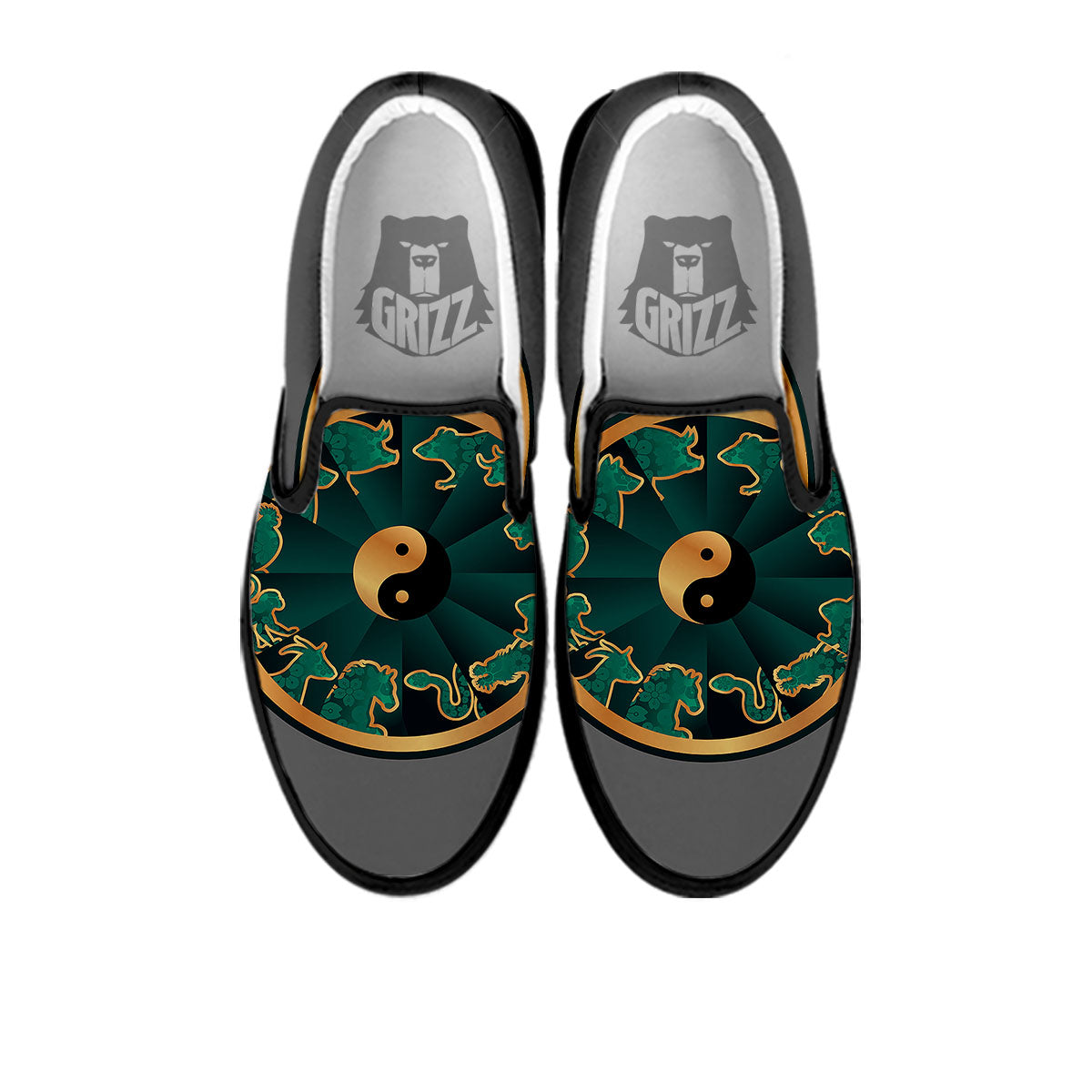 Chinese Zodiac Gold And Green Print Black Slip On Shoes-grizzshop