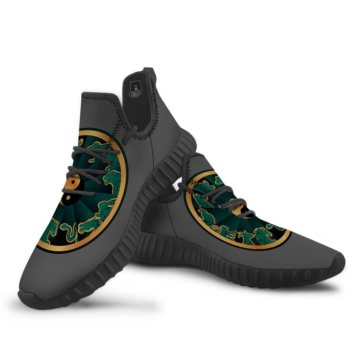 Chinese Zodiac Gold And Green Print Black Walking Shoes-grizzshop