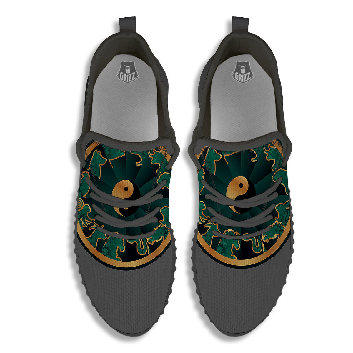 Chinese Zodiac Gold And Green Print Black Walking Shoes-grizzshop