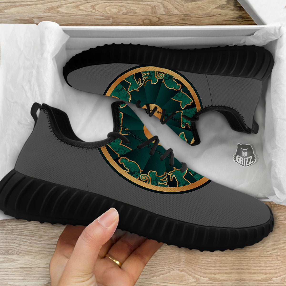 Chinese Zodiac Gold And Green Print Black Walking Shoes-grizzshop