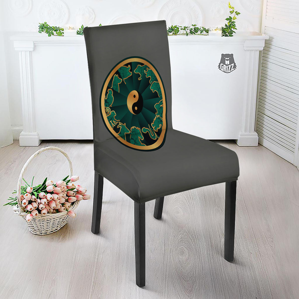 Chinese Zodiac Gold And Green Print Dining Chair Slipcover-grizzshop