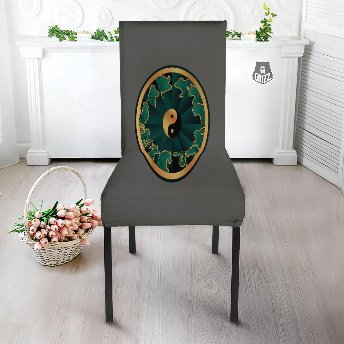 Chinese Zodiac Gold And Green Print Dining Chair Slipcover-grizzshop