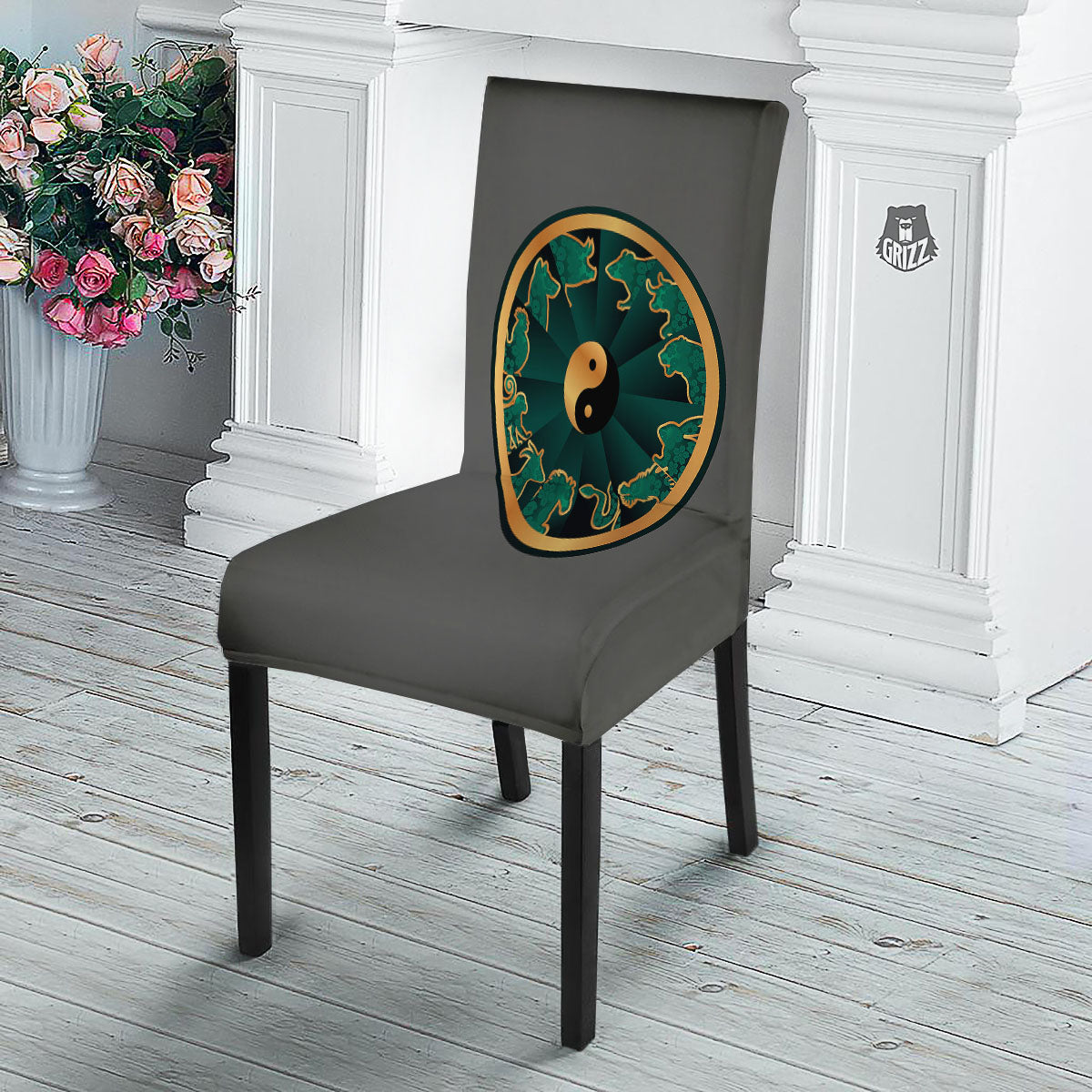 Chinese Zodiac Gold And Green Print Dining Chair Slipcover-grizzshop
