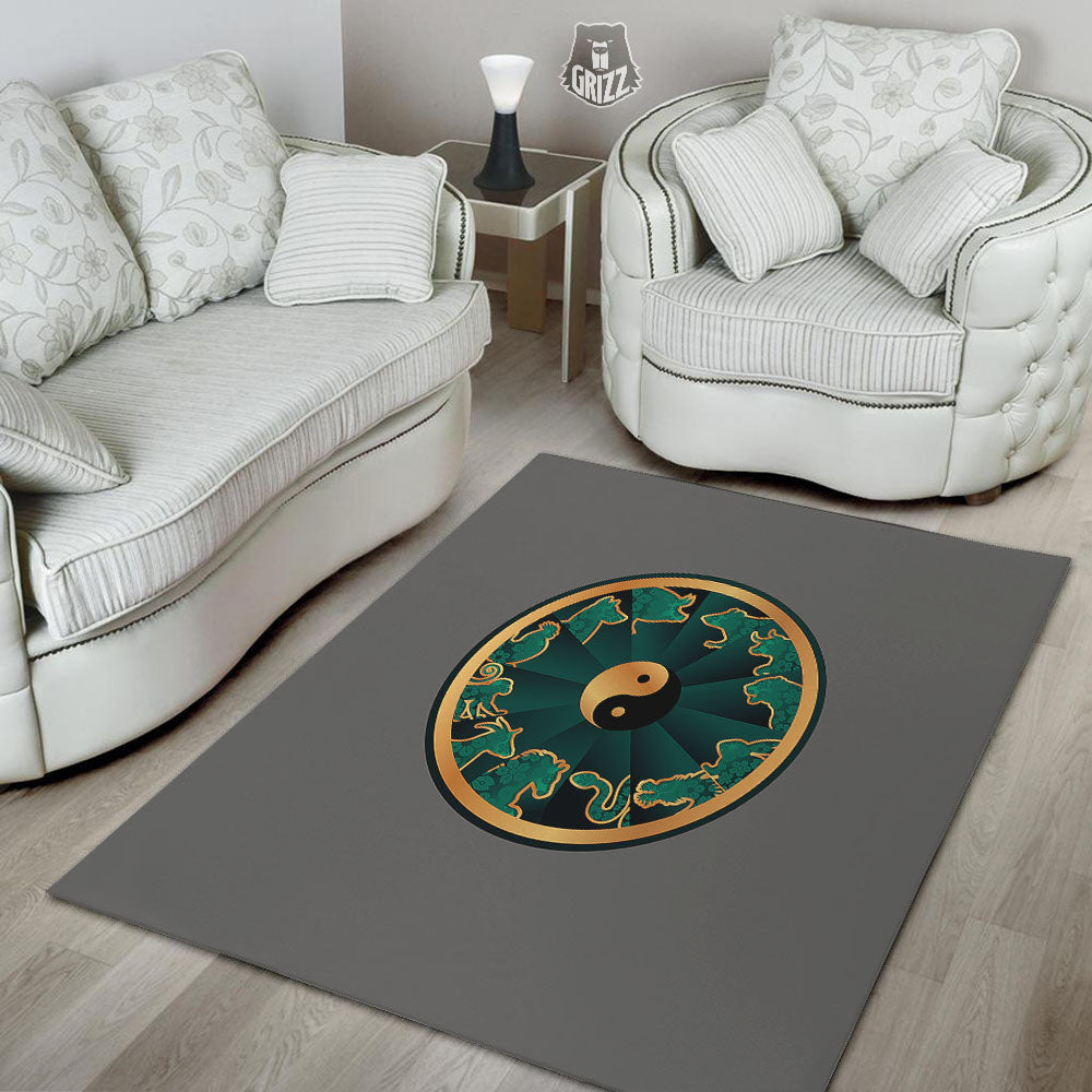 Chinese Zodiac Gold And Green Print Floor Mat-grizzshop