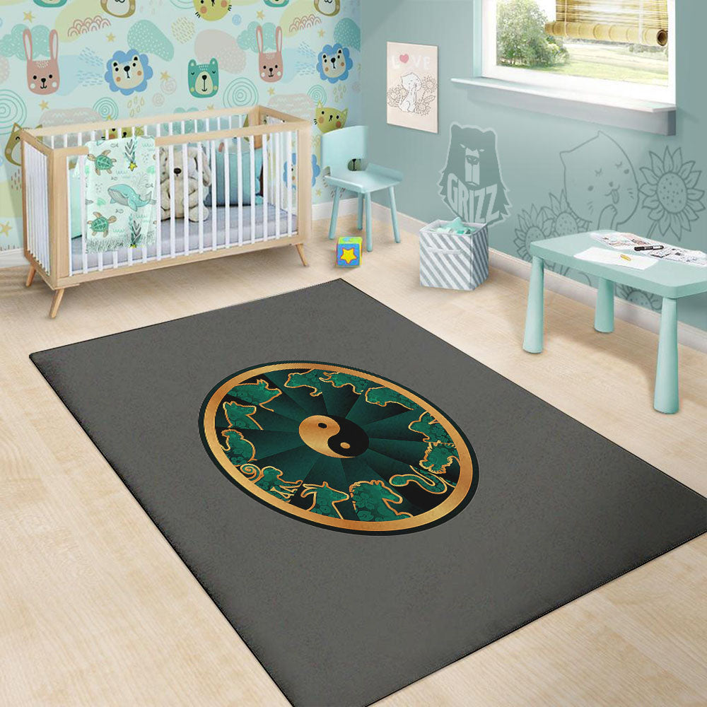 Chinese Zodiac Gold And Green Print Floor Mat-grizzshop