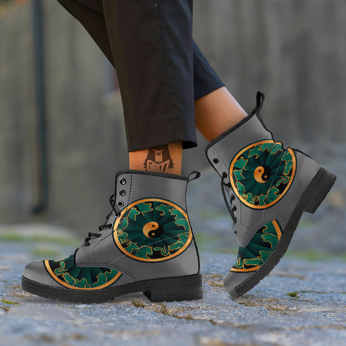 Chinese Zodiac Gold And Green Print Leather Boots-grizzshop
