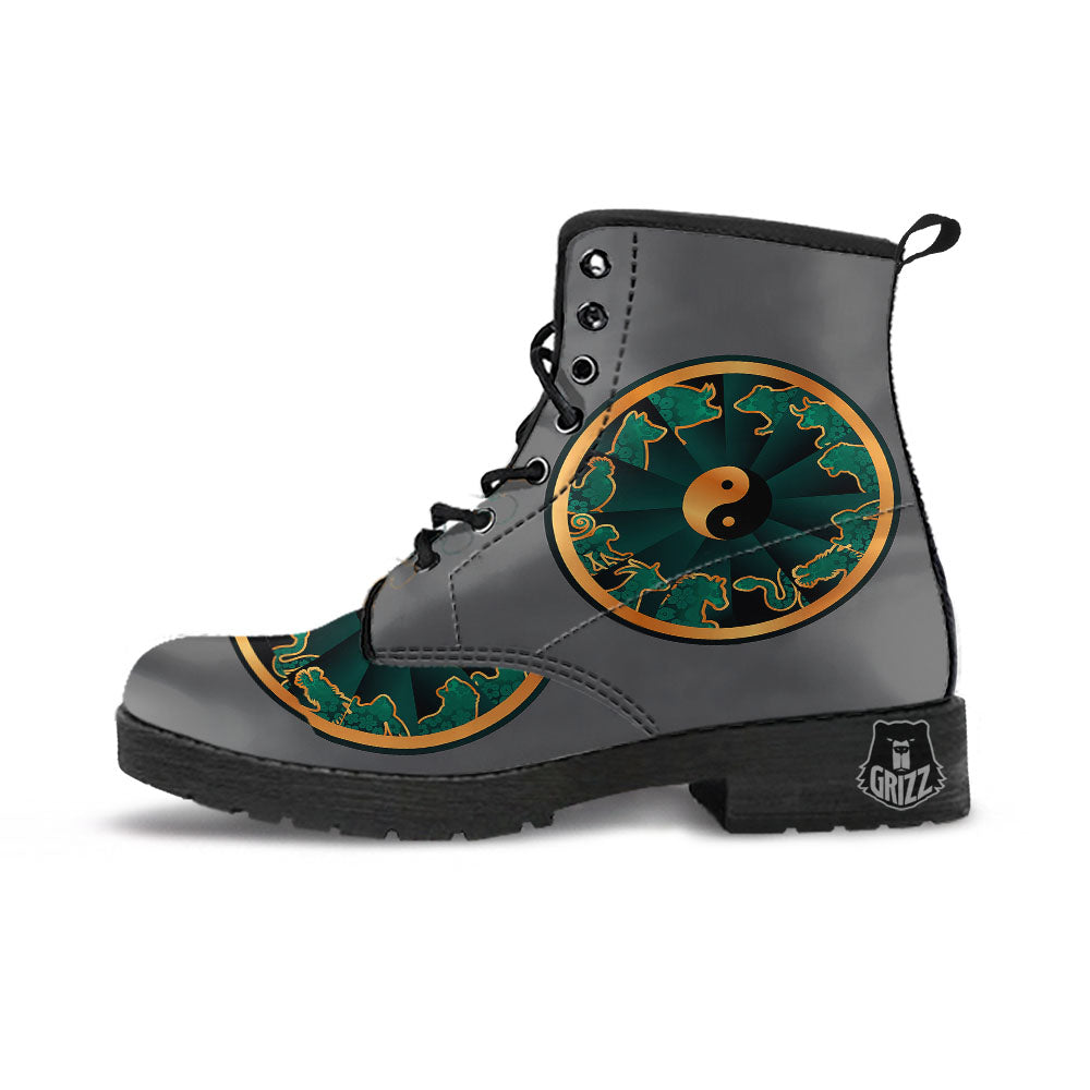 Chinese Zodiac Gold And Green Print Leather Boots-grizzshop