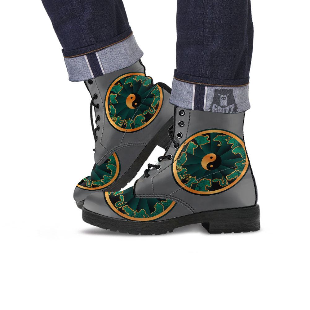 Chinese Zodiac Gold And Green Print Leather Boots-grizzshop