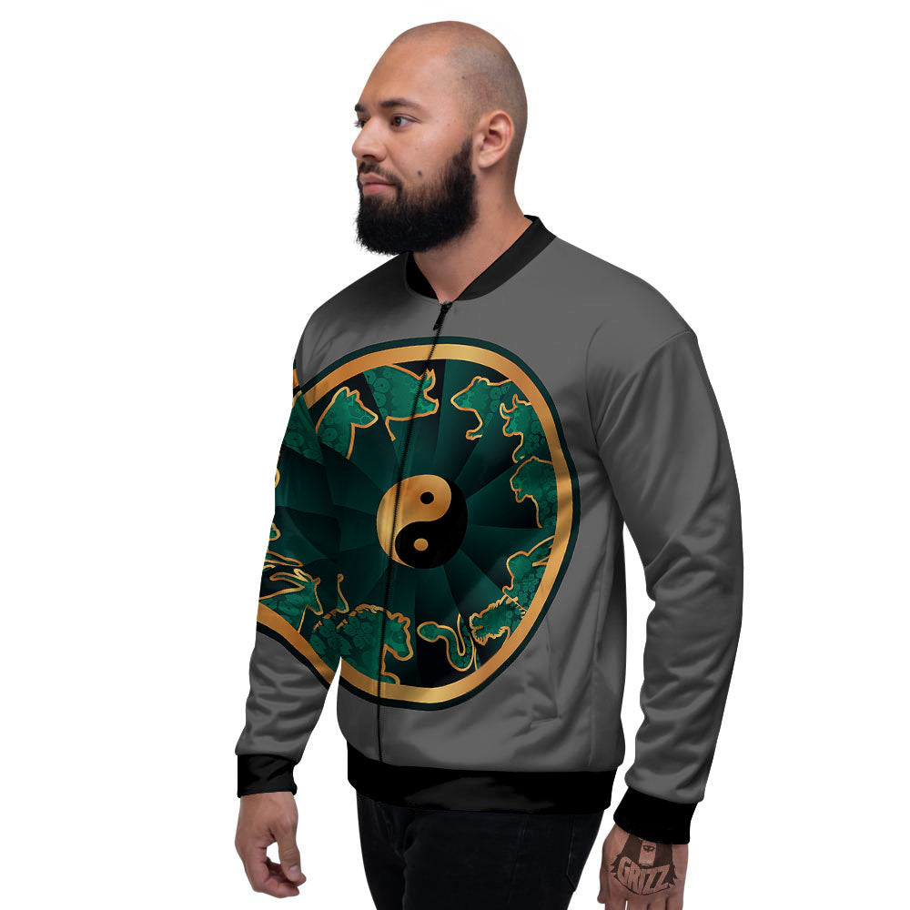 Chinese Zodiac Gold And Green Print Men's Bomber Jacket-grizzshop