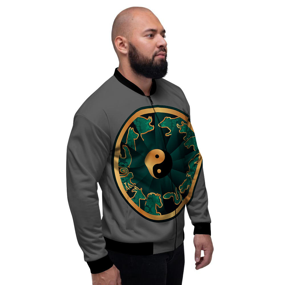 Chinese Zodiac Gold And Green Print Men's Bomber Jacket-grizzshop