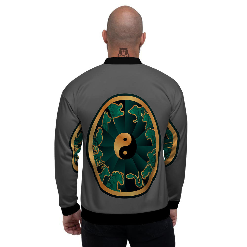 Chinese Zodiac Gold And Green Print Men's Bomber Jacket-grizzshop