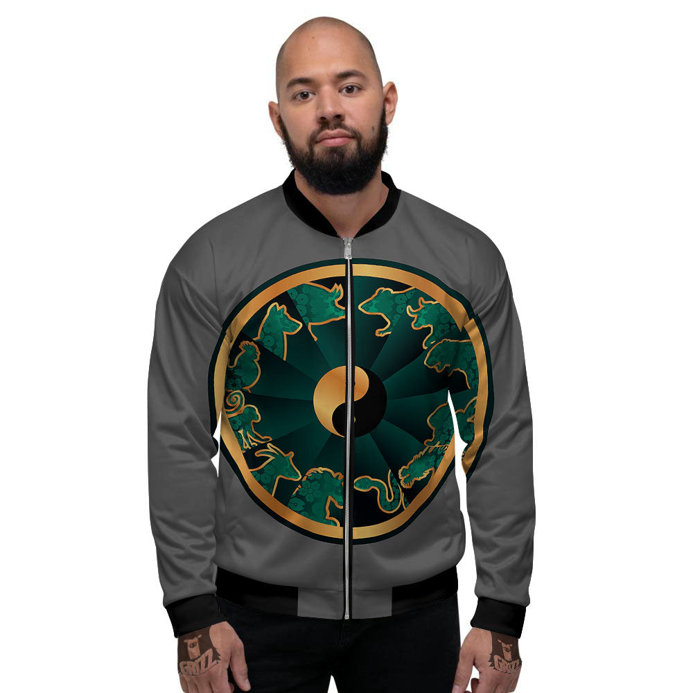 Chinese Zodiac Gold And Green Print Men's Bomber Jacket-grizzshop