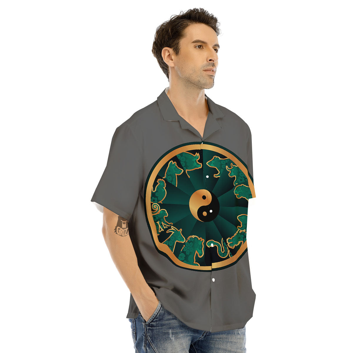 Chinese Zodiac Gold And Green Print Men's Hawaiian Shirt-grizzshop
