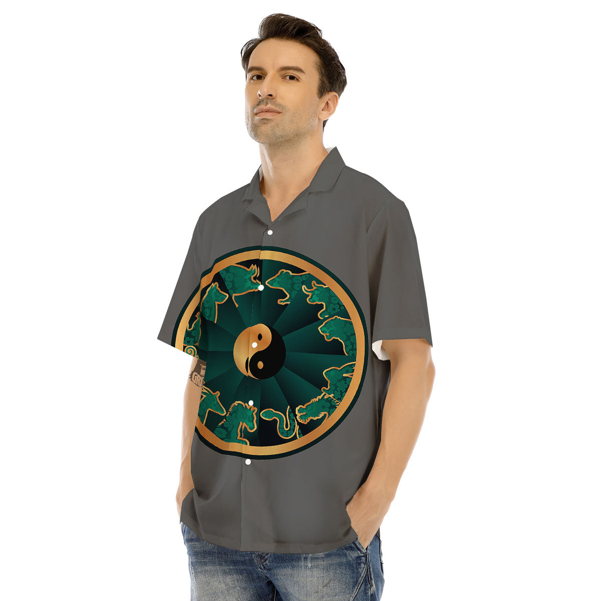 Chinese Zodiac Gold And Green Print Men's Hawaiian Shirt-grizzshop
