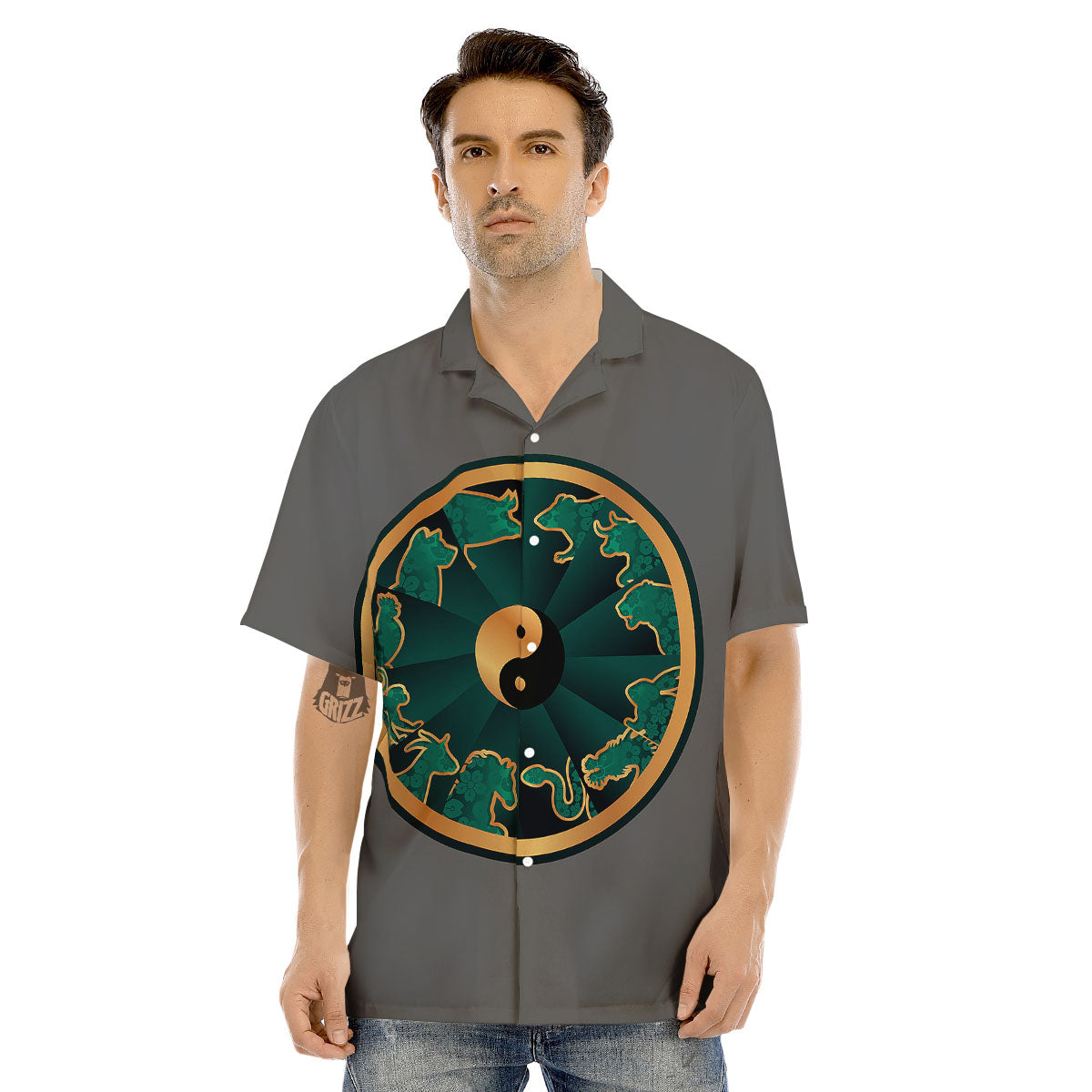 Chinese Zodiac Gold And Green Print Men's Hawaiian Shirt-grizzshop