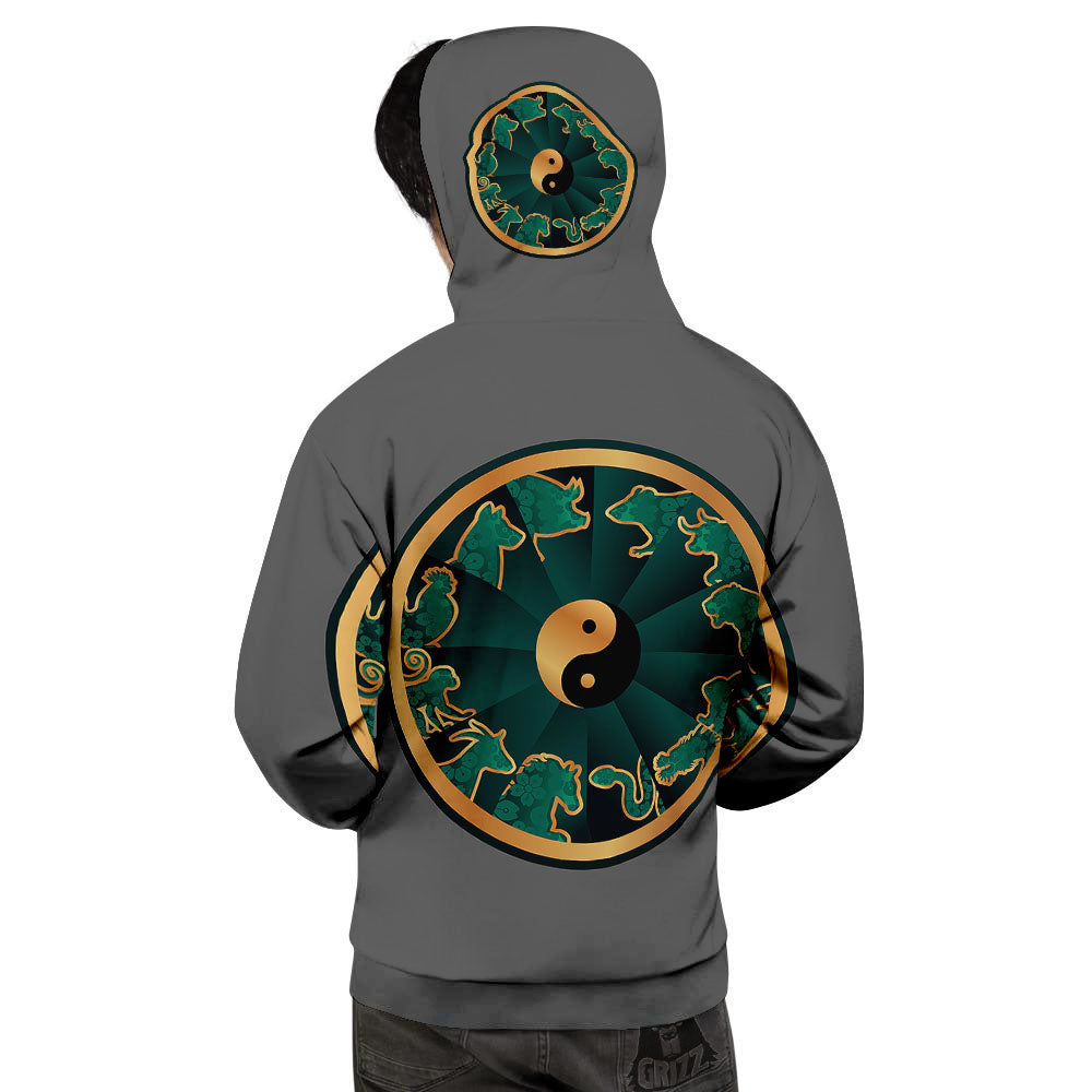 Chinese Zodiac Gold And Green Print Men's Hoodie-grizzshop