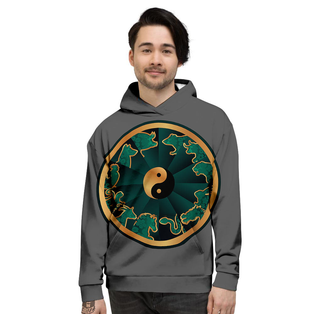 Chinese Zodiac Gold And Green Print Men's Hoodie-grizzshop