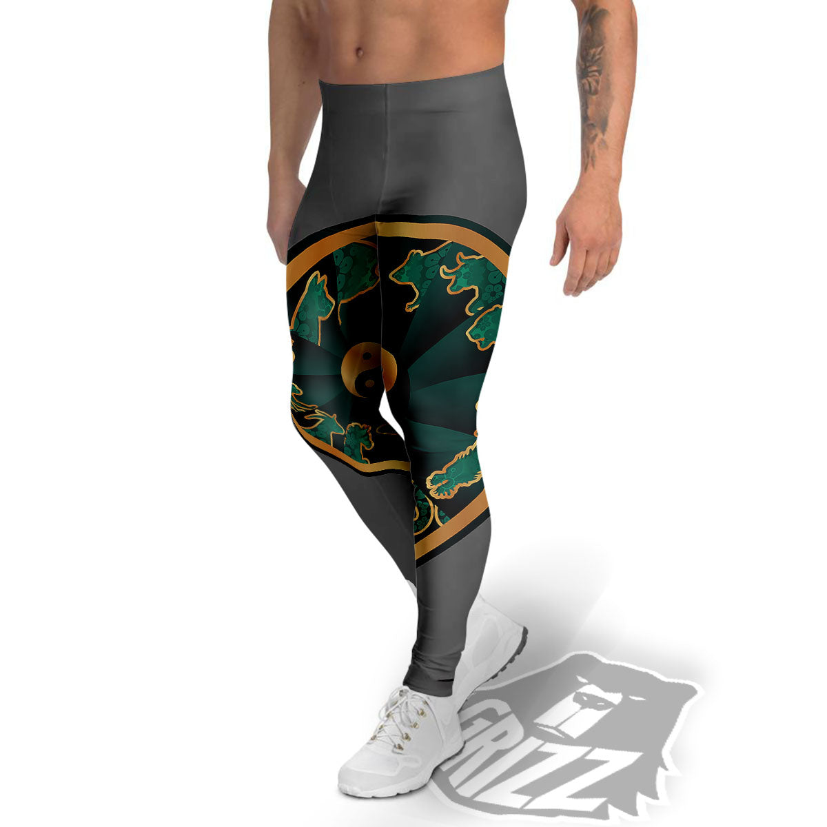 Chinese Zodiac Gold And Green Print Men's Leggings-grizzshop