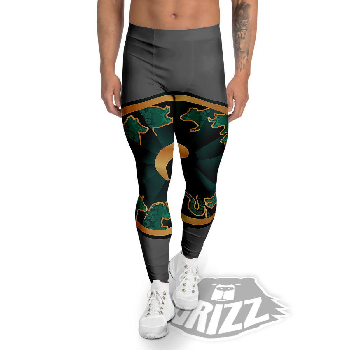 Chinese Zodiac Gold And Green Print Men's Leggings-grizzshop