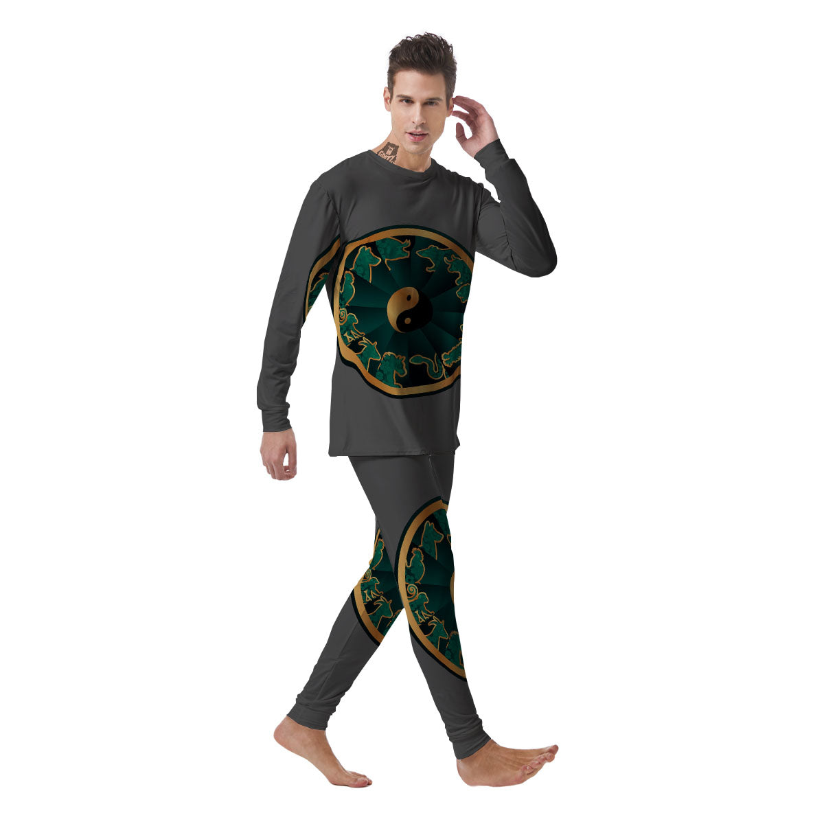 Chinese Zodiac Gold And Green Print Men's Pajamas-grizzshop
